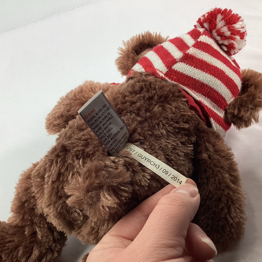 Gund Plush Brown Bear Stuffed Animal Red White Stripe Hat Winter Christmas 2014 - Picture 7 of 9